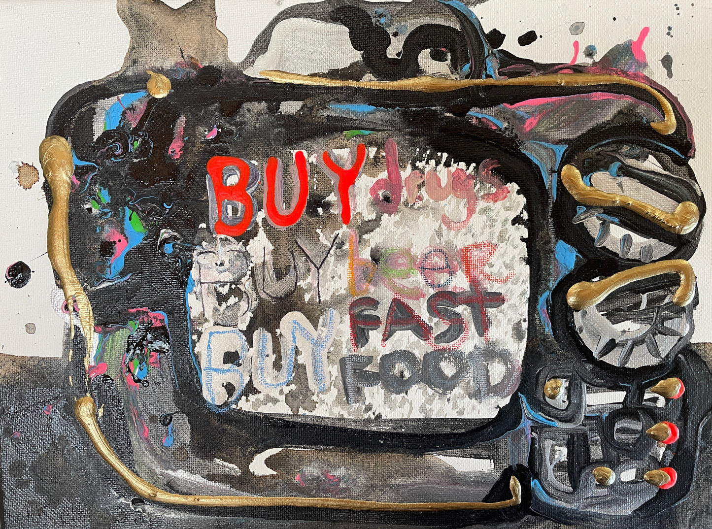 TV- drugs, beer, fast food: original art by Mikey Kettinger